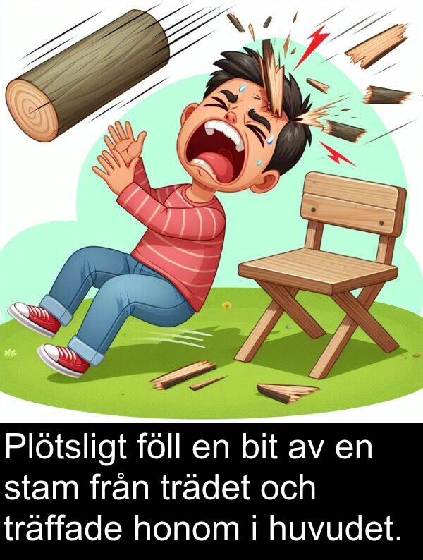 bit: Plötsligt föll en bit av en stam från trädet och träffade honom i huvudet.