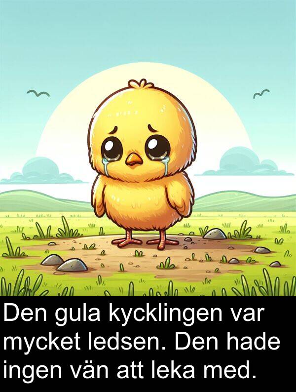 ingen: Den gula kycklingen var mycket ledsen. Den hade ingen vän att leka med.