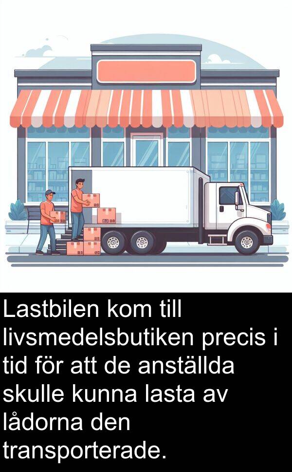 lasta: Lastbilen kom till livsmedelsbutiken precis i tid för att de anställda skulle kunna lasta av lådorna den transporterade.