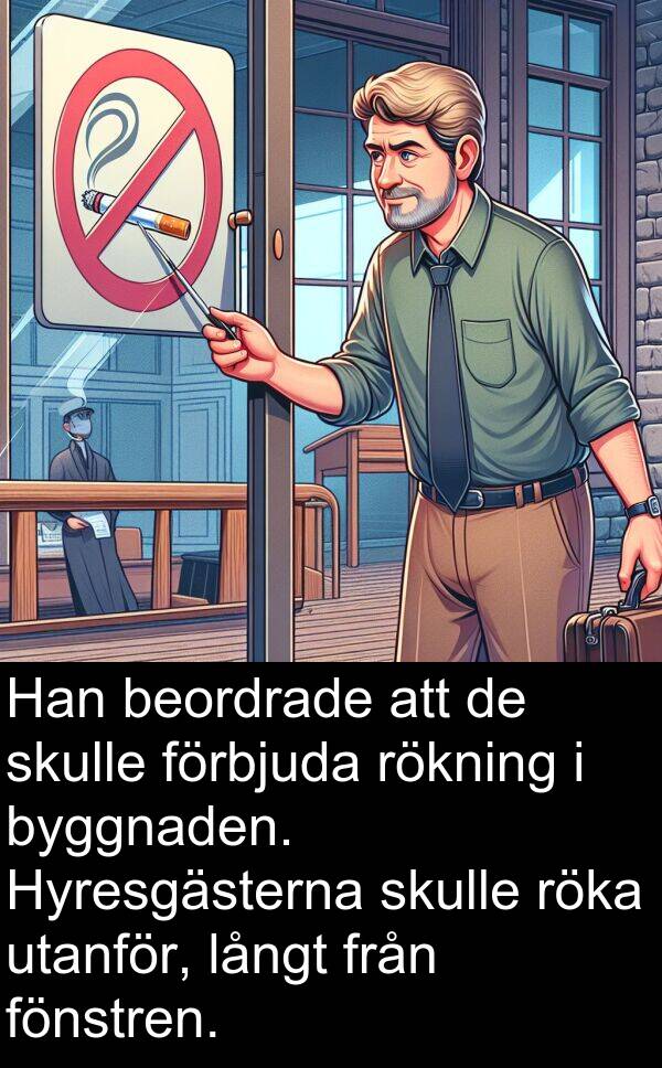 långt: Han beordrade att de skulle förbjuda rökning i byggnaden. Hyresgästerna skulle röka utanför, långt från fönstren.