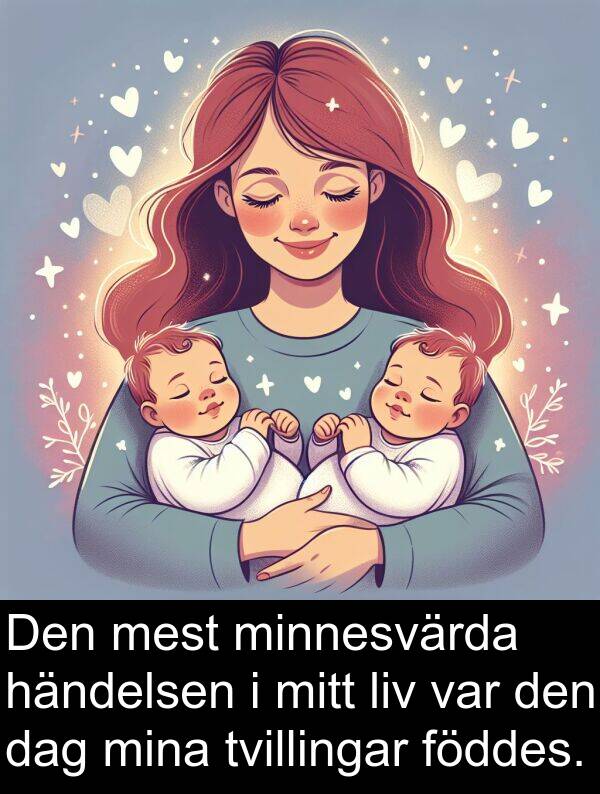 dag: Den mest minnesvärda händelsen i mitt liv var den dag mina tvillingar föddes.