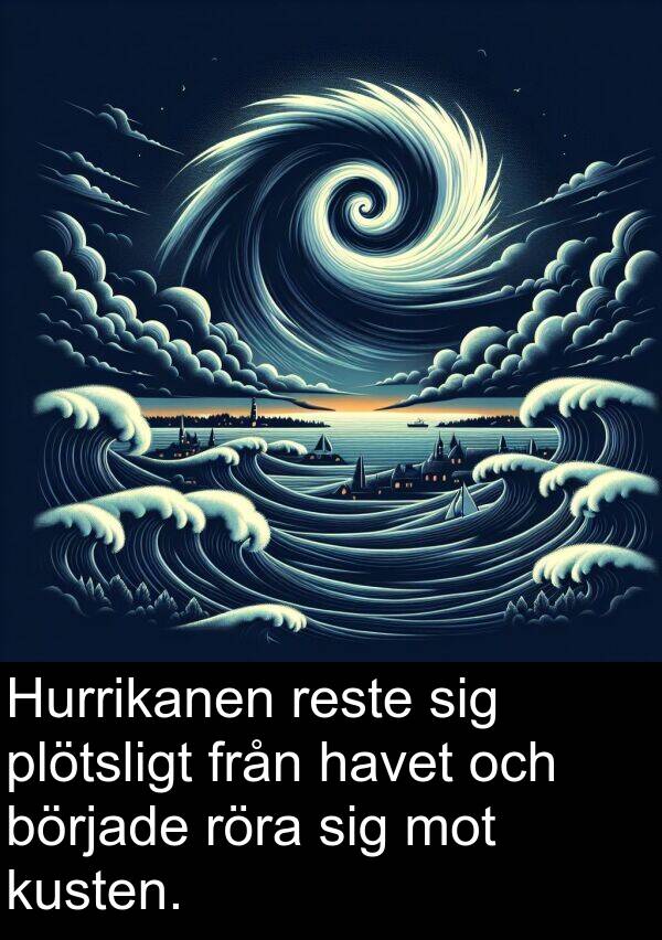 plötsligt: Hurrikanen reste sig plötsligt från havet och började röra sig mot kusten.