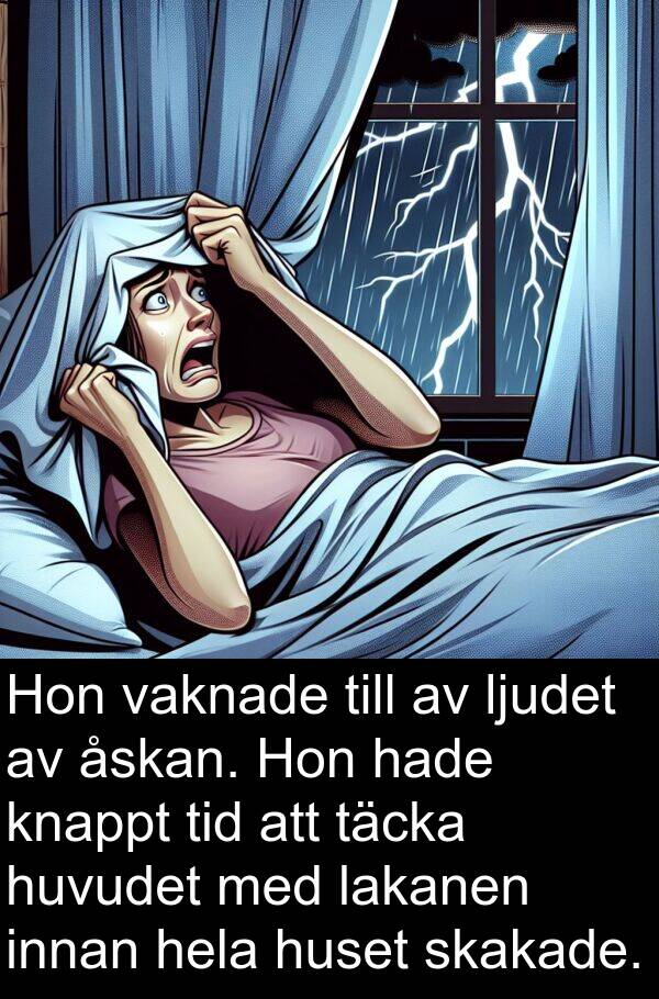 lakanen: Hon vaknade till av ljudet av åskan. Hon hade knappt tid att täcka huvudet med lakanen innan hela huset skakade.