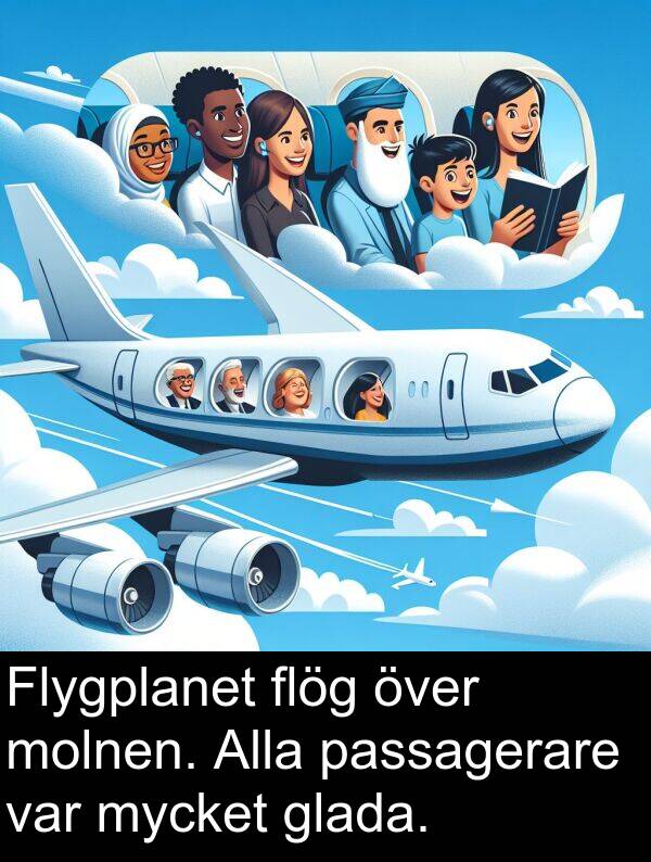flög: Flygplanet flög över molnen. Alla passagerare var mycket glada.