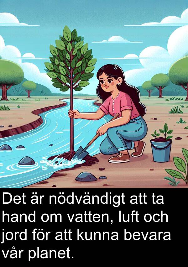 hand: Det är nödvändigt att ta hand om vatten, luft och jord för att kunna bevara vår planet.