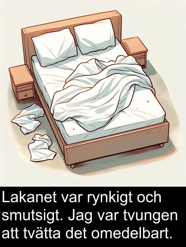 smutsigt: Lakanet var rynkigt och smutsigt. Jag var tvungen att tvätta det omedelbart.