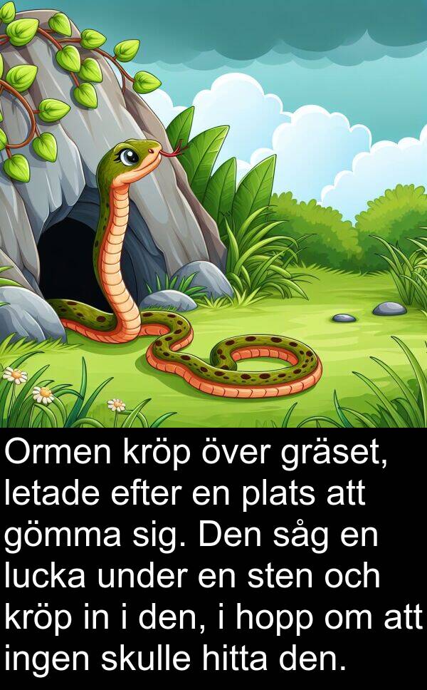 hopp: Ormen kröp över gräset, letade efter en plats att gömma sig. Den såg en lucka under en sten och kröp in i den, i hopp om att ingen skulle hitta den.