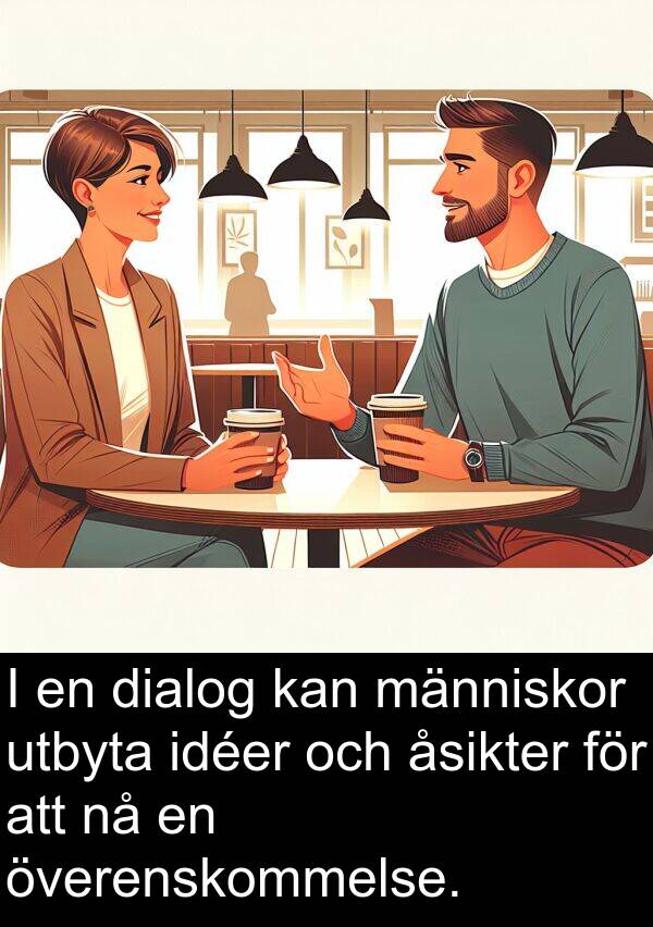 åsikter: I en dialog kan människor utbyta idéer och åsikter för att nå en överenskommelse.