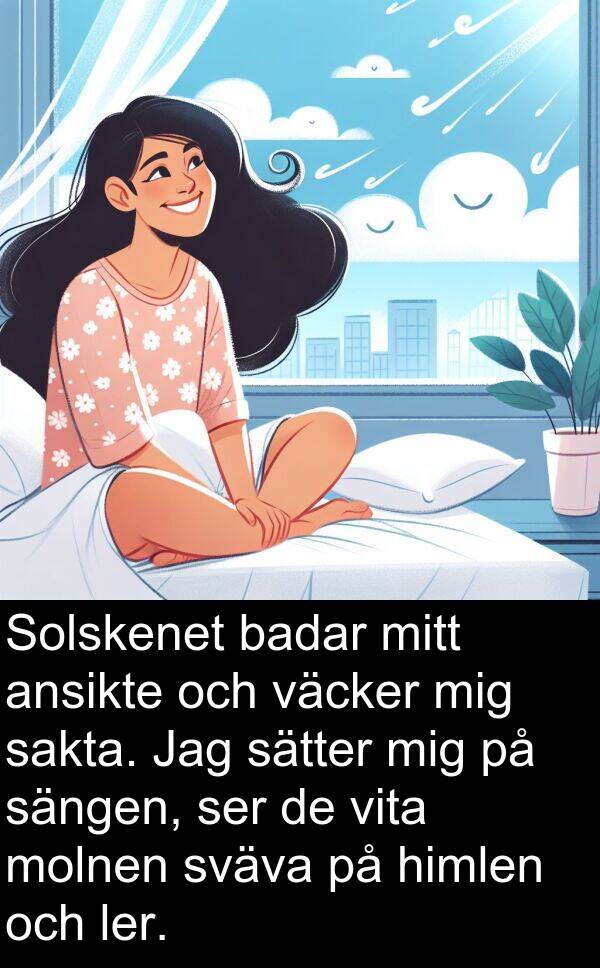 väcker: Solskenet badar mitt ansikte och väcker mig sakta. Jag sätter mig på sängen, ser de vita molnen sväva på himlen och ler.
