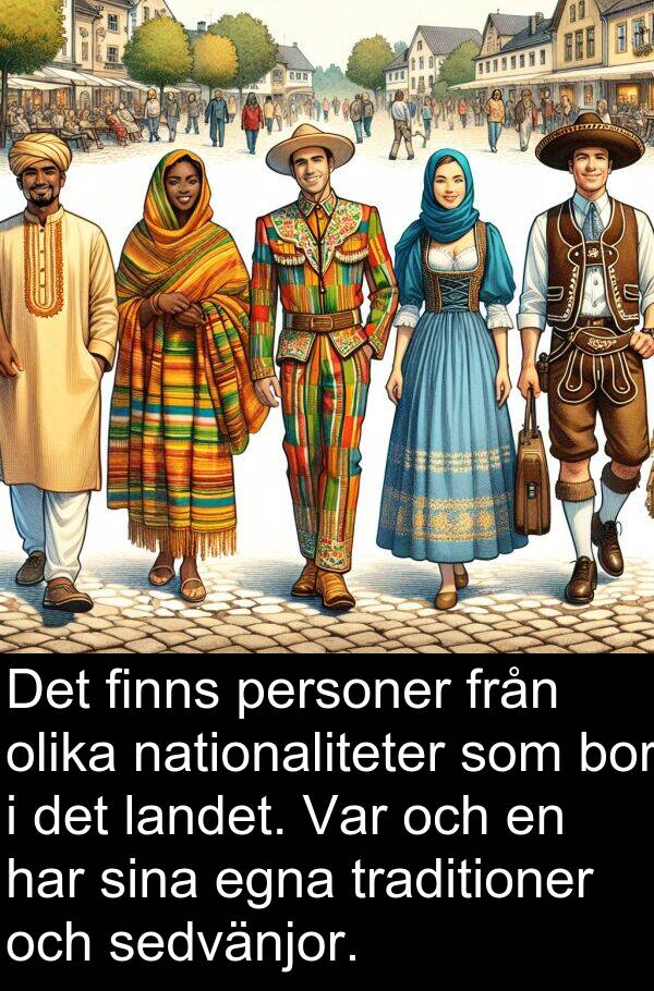 nationaliteter: Det finns personer från olika nationaliteter som bor i det landet. Var och en har sina egna traditioner och sedvänjor.