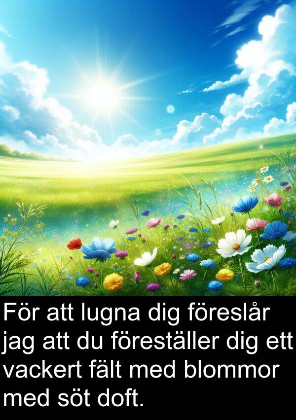 fält: För att lugna dig föreslår jag att du föreställer dig ett vackert fält med blommor med söt doft.