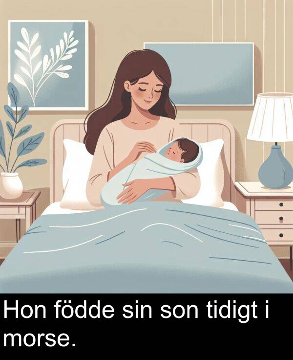 sin: Hon födde sin son tidigt i morse.