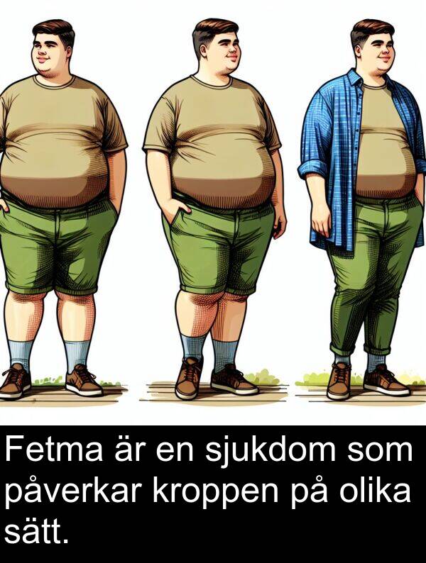 olika: Fetma är en sjukdom som påverkar kroppen på olika sätt.