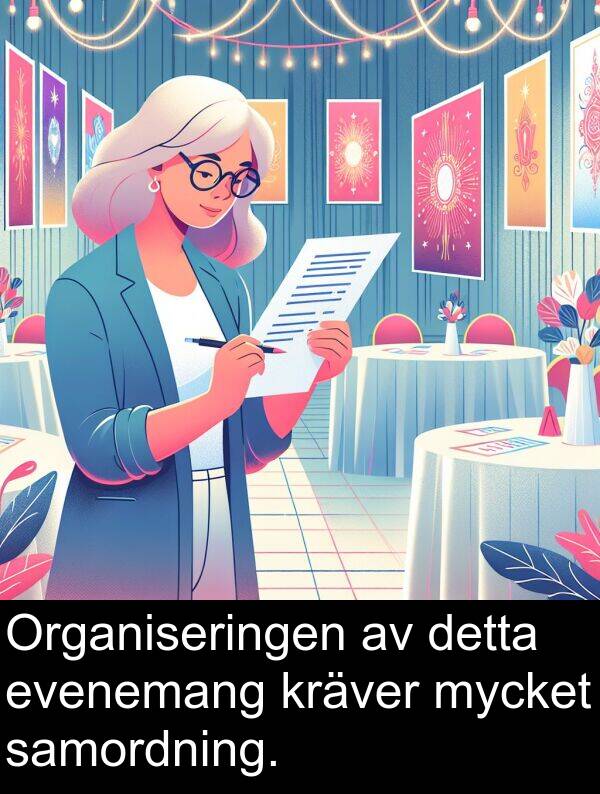 evenemang: Organiseringen av detta evenemang kräver mycket samordning.