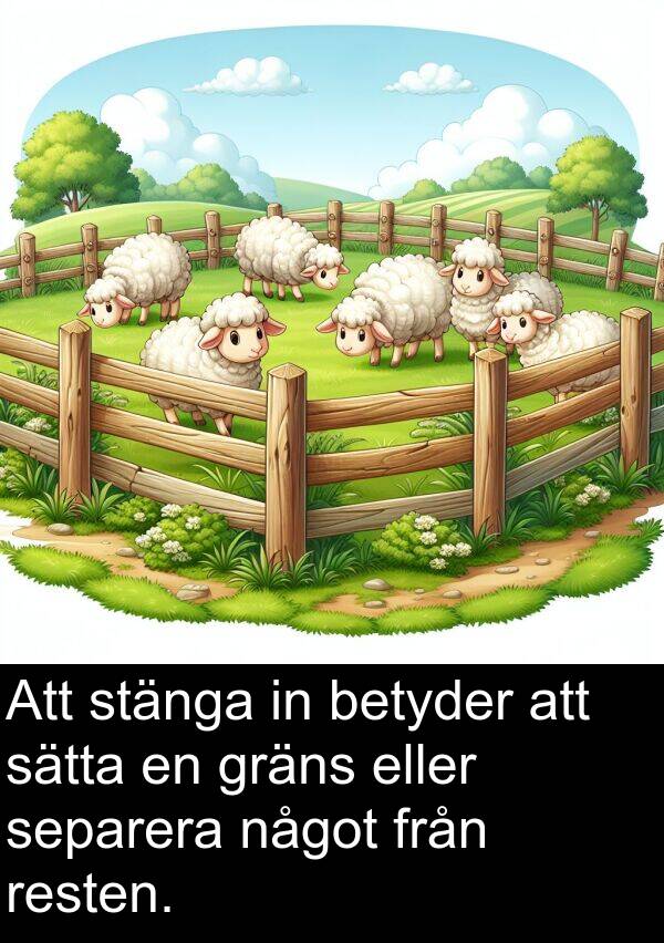 något: Att stänga in betyder att sätta en gräns eller separera något från resten.