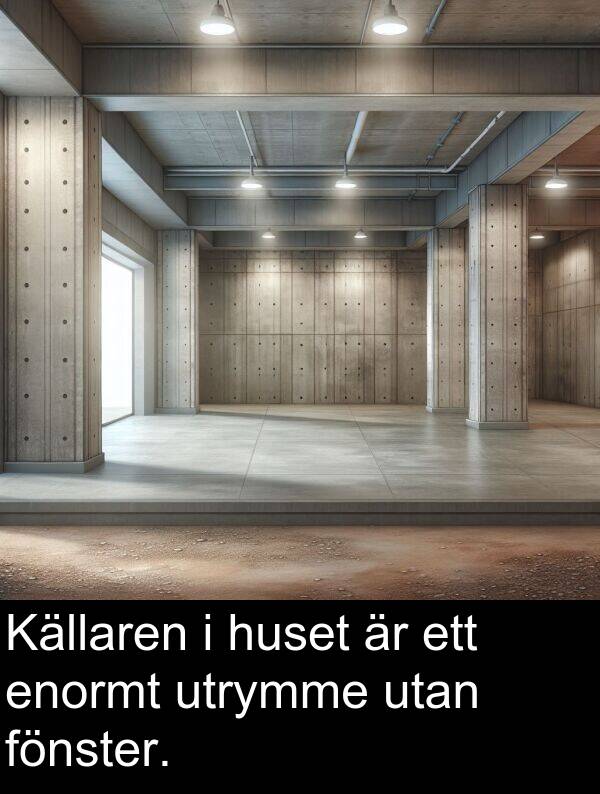 fönster: Källaren i huset är ett enormt utrymme utan fönster.