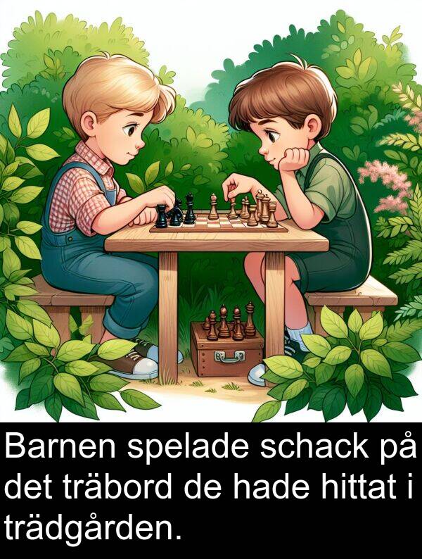 spelade: Barnen spelade schack på det träbord de hade hittat i trädgården.