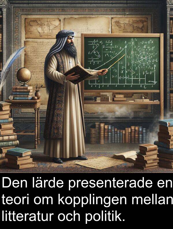 presenterade: Den lärde presenterade en teori om kopplingen mellan litteratur och politik.