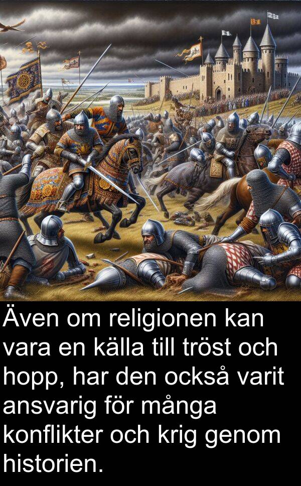 hopp: Även om religionen kan vara en källa till tröst och hopp, har den också varit ansvarig för många konflikter och krig genom historien.