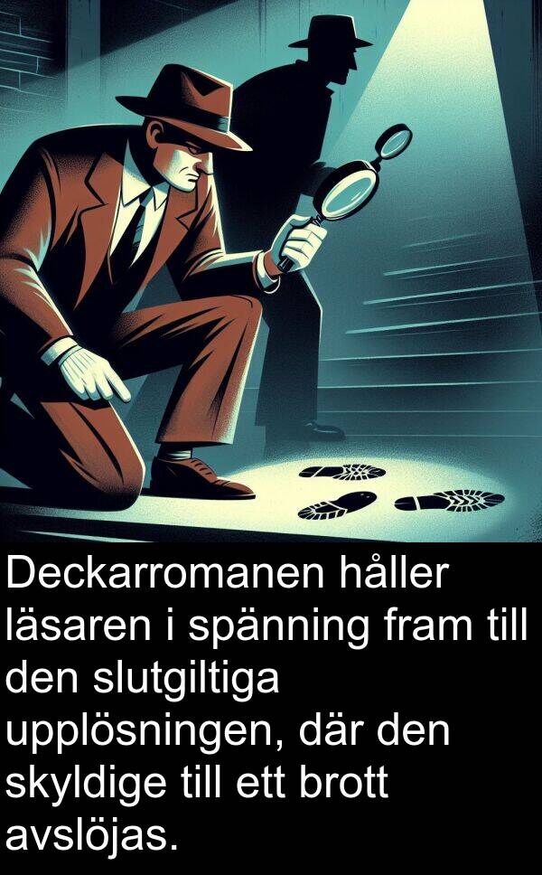 spänning: Deckarromanen håller läsaren i spänning fram till den slutgiltiga upplösningen, där den skyldige till ett brott avslöjas.