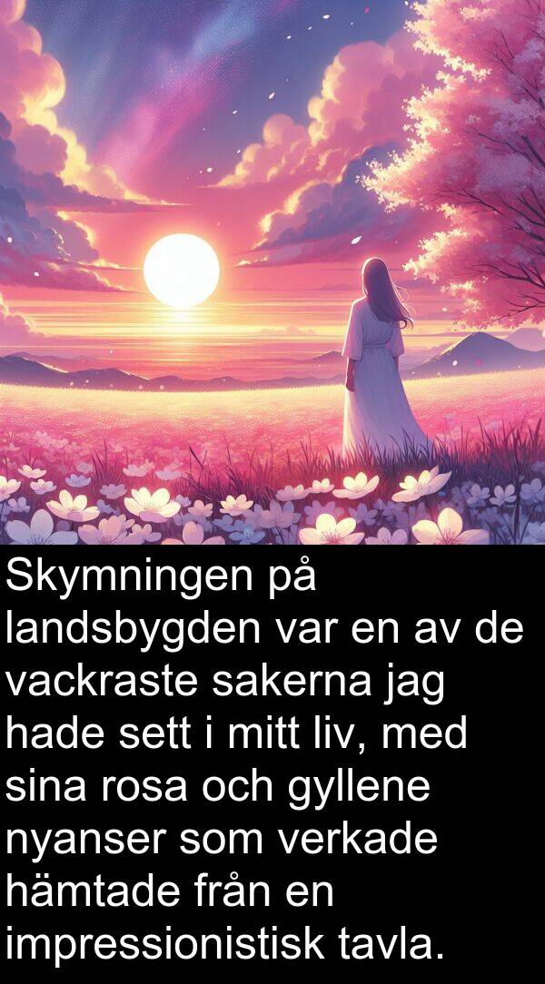 landsbygden: Skymningen på landsbygden var en av de vackraste sakerna jag hade sett i mitt liv, med sina rosa och gyllene nyanser som verkade hämtade från en impressionistisk tavla.