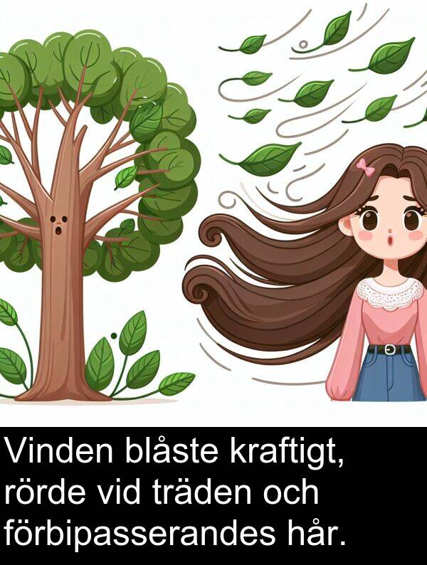 hår: Vinden blåste kraftigt, rörde vid träden och förbipasserandes hår.