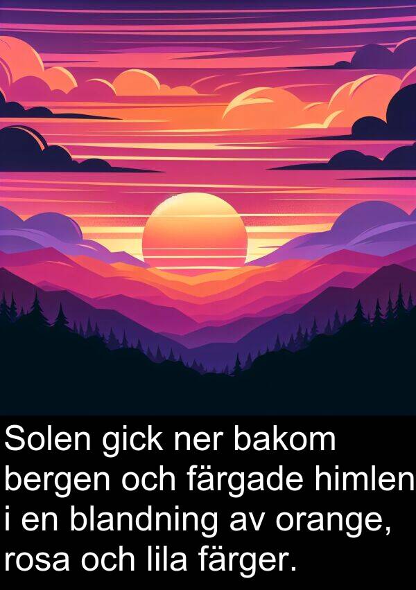 färgade: Solen gick ner bakom bergen och färgade himlen i en blandning av orange, rosa och lila färger.