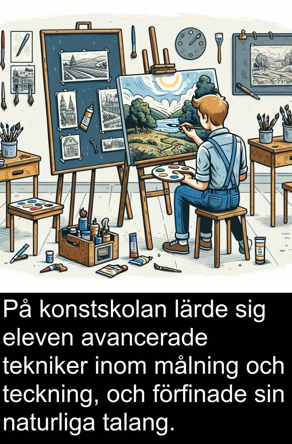 naturliga: På konstskolan lärde sig eleven avancerade tekniker inom målning och teckning, och förfinade sin naturliga talang.