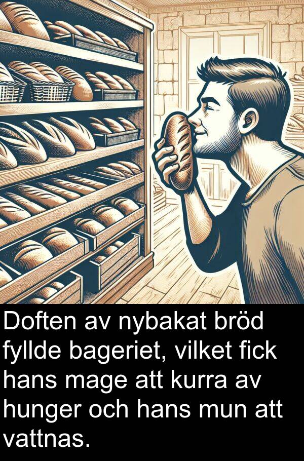 bageriet: Doften av nybakat bröd fyllde bageriet, vilket fick hans mage att kurra av hunger och hans mun att vattnas.