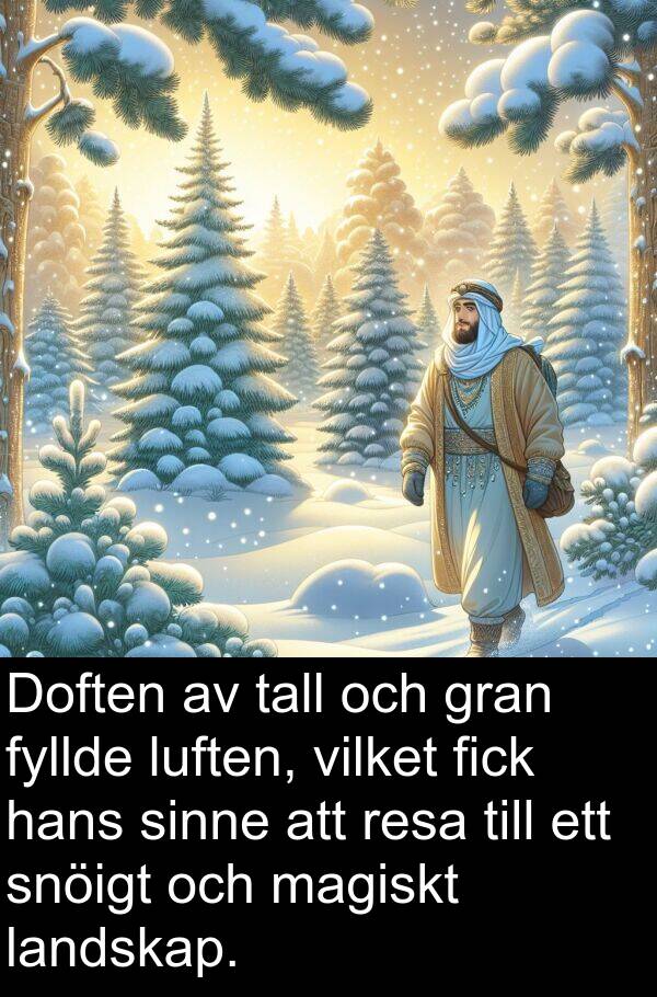 tall: Doften av tall och gran fyllde luften, vilket fick hans sinne att resa till ett snöigt och magiskt landskap.
