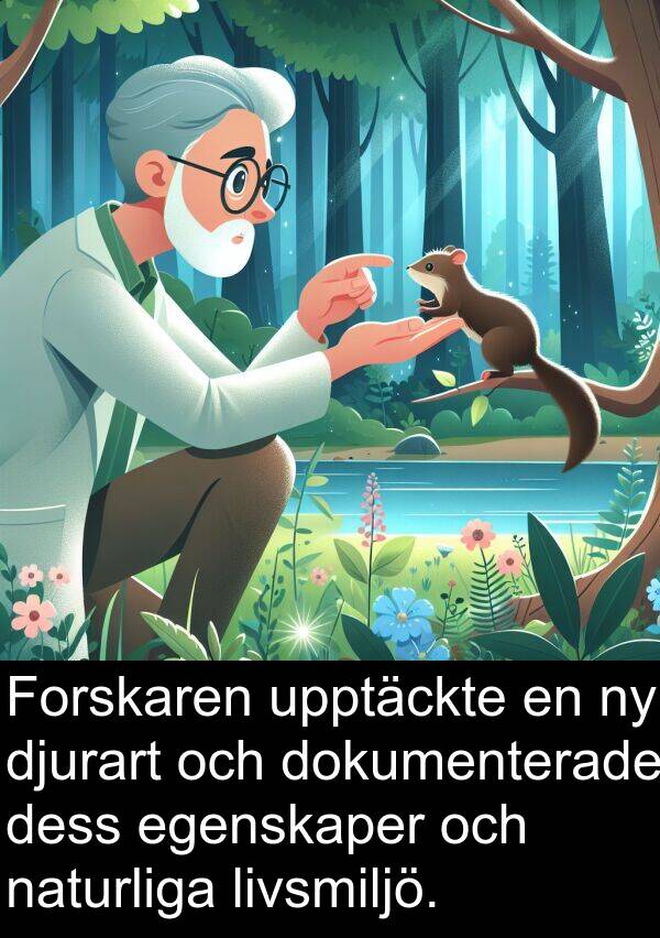 naturliga: Forskaren upptäckte en ny djurart och dokumenterade dess egenskaper och naturliga livsmiljö.