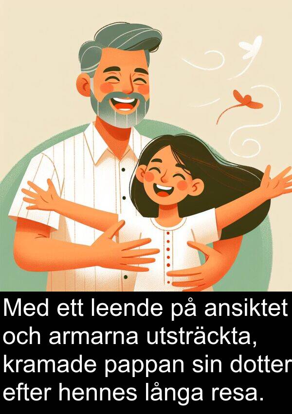 pappan: Med ett leende på ansiktet och armarna utsträckta, kramade pappan sin dotter efter hennes långa resa.