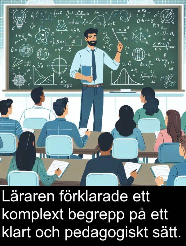 förklarade: Läraren förklarade ett komplext begrepp på ett klart och pedagogiskt sätt.