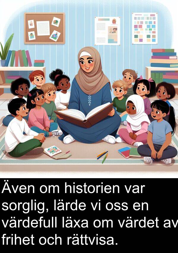 läxa: Även om historien var sorglig, lärde vi oss en värdefull läxa om värdet av frihet och rättvisa.