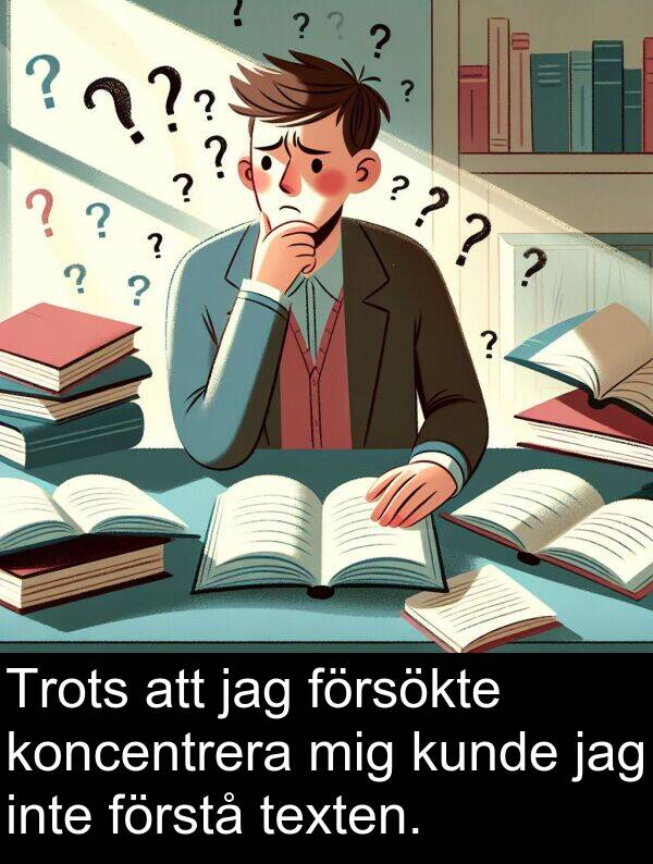 försökte: Trots att jag försökte koncentrera mig kunde jag inte förstå texten.