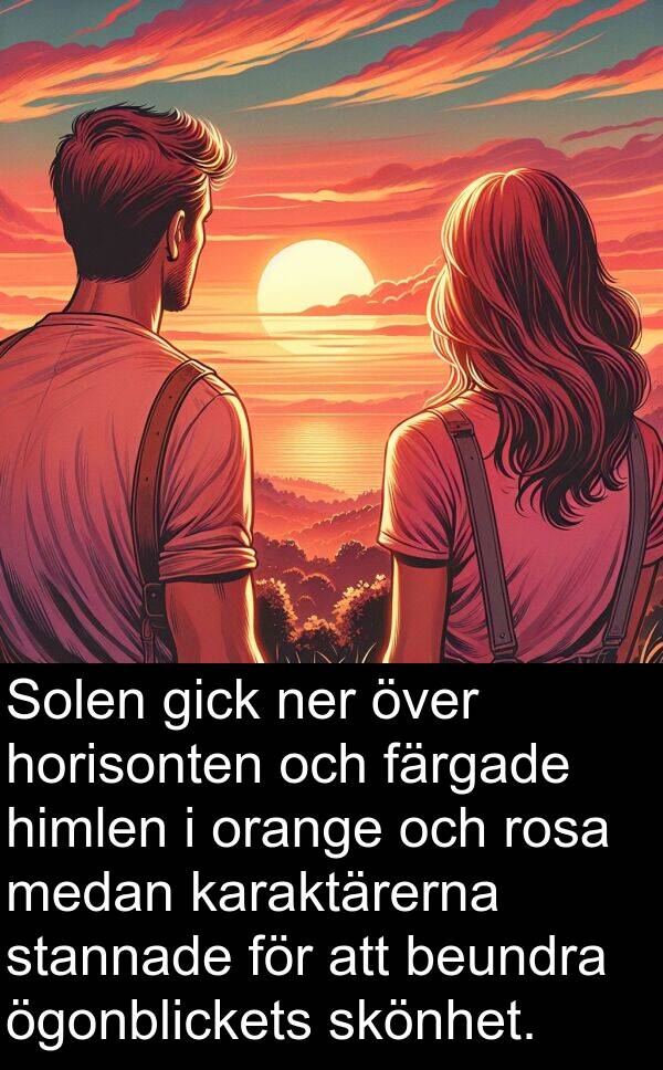 färgade: Solen gick ner över horisonten och färgade himlen i orange och rosa medan karaktärerna stannade för att beundra ögonblickets skönhet.