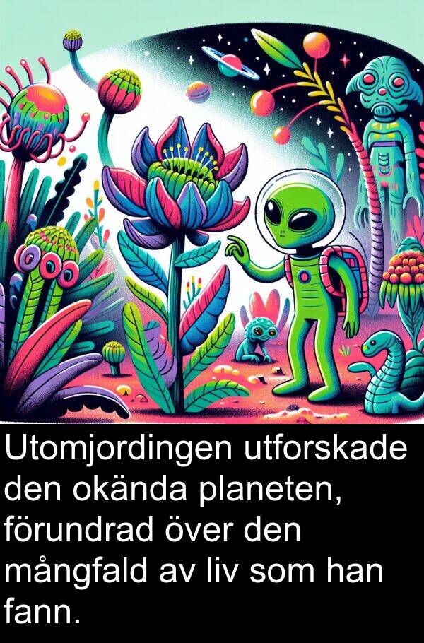 fann: Utomjordingen utforskade den okända planeten, förundrad över den mångfald av liv som han fann.