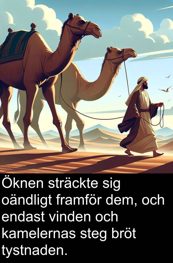 oändligt: Öknen sträckte sig oändligt framför dem, och endast vinden och kamelernas steg bröt tystnaden.