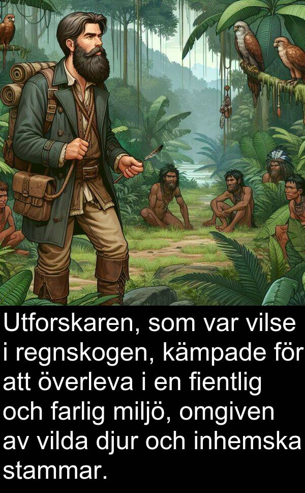 omgiven: Utforskaren, som var vilse i regnskogen, kämpade för att överleva i en fientlig och farlig miljö, omgiven av vilda djur och inhemska stammar.