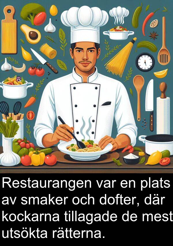plats: Restaurangen var en plats av smaker och dofter, där kockarna tillagade de mest utsökta rätterna.