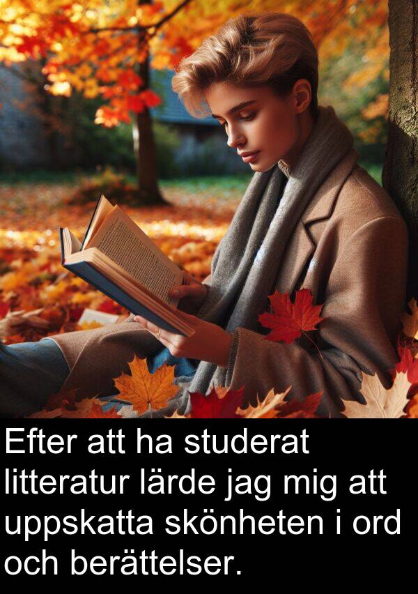 ord: Efter att ha studerat litteratur lärde jag mig att uppskatta skönheten i ord och berättelser.