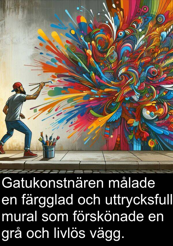 målade: Gatukonstnären målade en färgglad och uttrycksfull mural som förskönade en grå och livlös vägg.