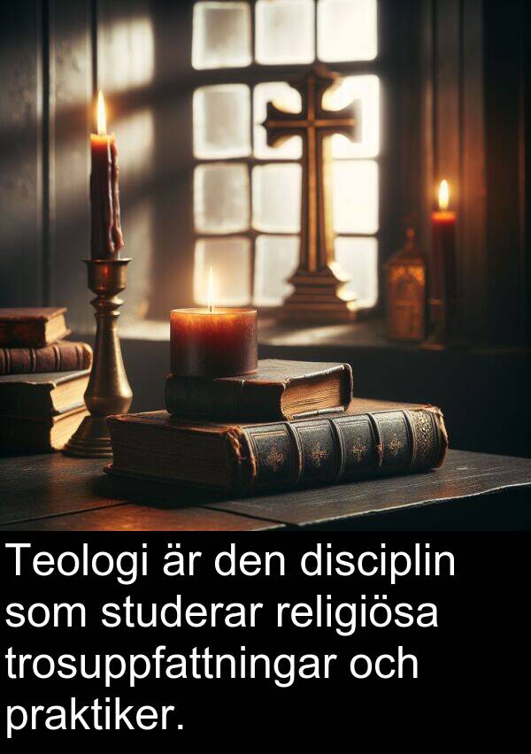 trosuppfattningar: Teologi är den disciplin som studerar religiösa trosuppfattningar och praktiker.