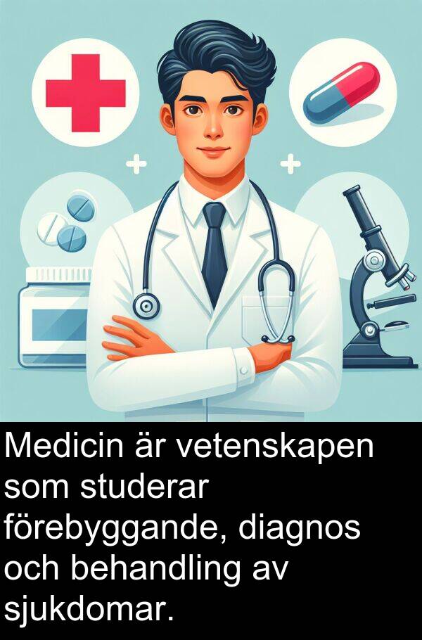 vetenskapen: Medicin är vetenskapen som studerar förebyggande, diagnos och behandling av sjukdomar.