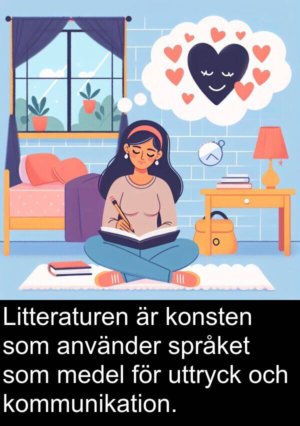 medel: Litteraturen är konsten som använder språket som medel för uttryck och kommunikation.