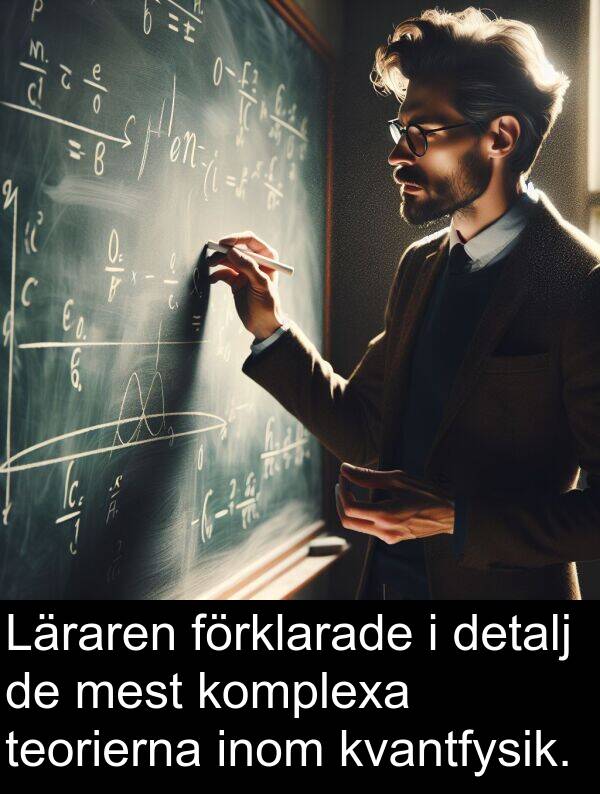förklarade: Läraren förklarade i detalj de mest komplexa teorierna inom kvantfysik.
