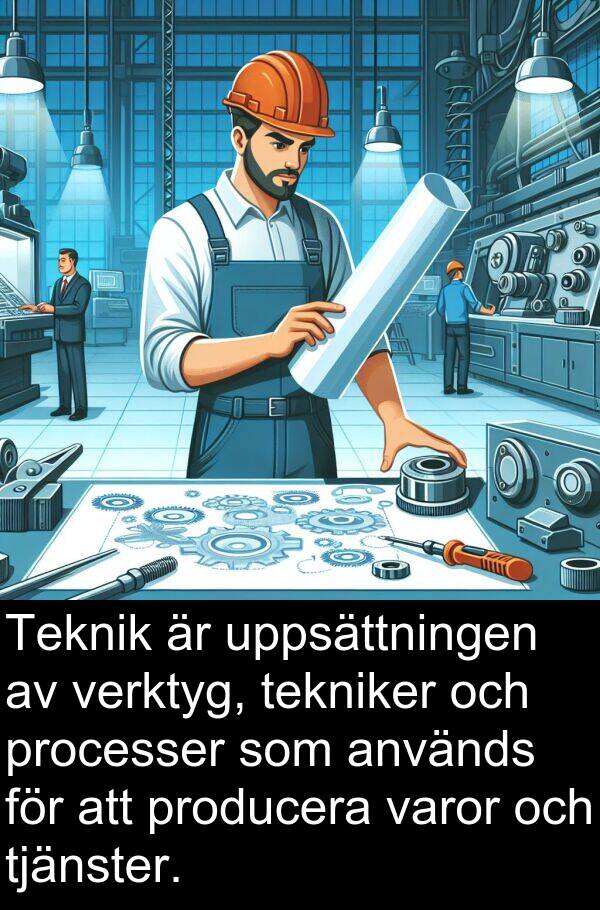 verktyg: Teknik är uppsättningen av verktyg, tekniker och processer som används för att producera varor och tjänster.