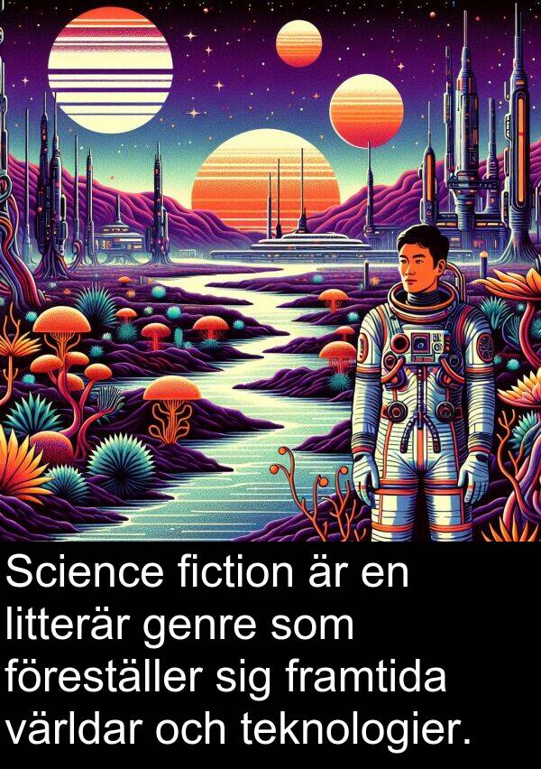 föreställer: Science fiction är en litterär genre som föreställer sig framtida världar och teknologier.