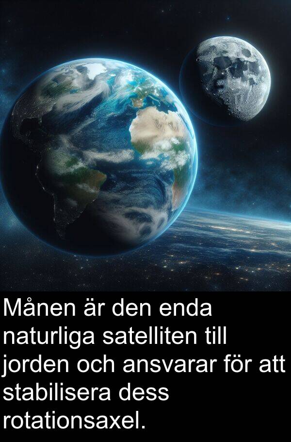naturliga: Månen är den enda naturliga satelliten till jorden och ansvarar för att stabilisera dess rotationsaxel.