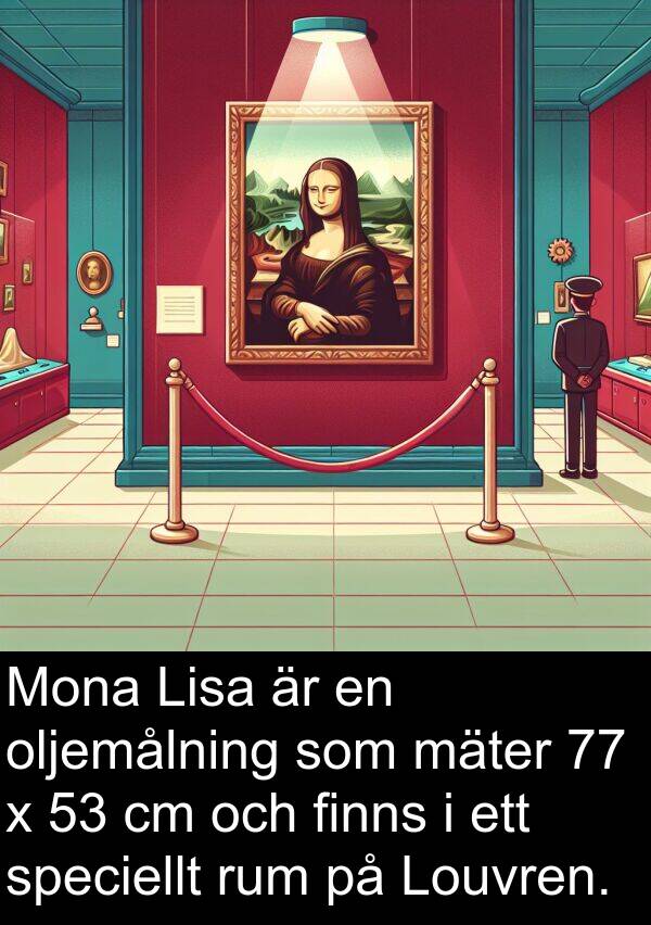 oljemålning: Mona Lisa är en oljemålning som mäter 77 x 53 cm och finns i ett speciellt rum på Louvren.